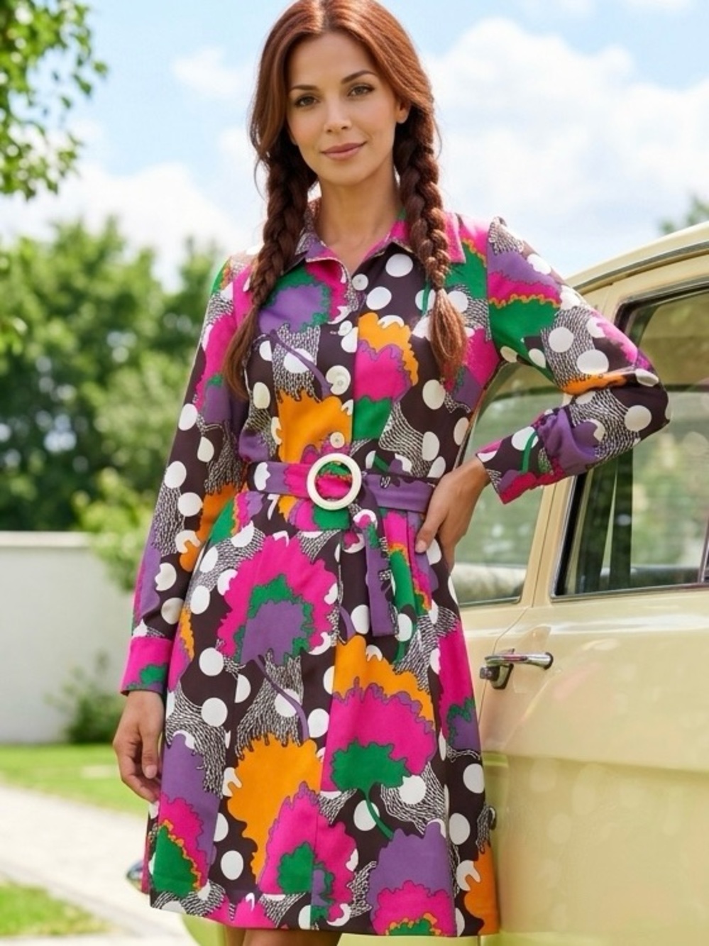 Dubonnet Y2K 70’s Vintage BoHo Psychedelic Floral Polka Dot Midi Dress-14